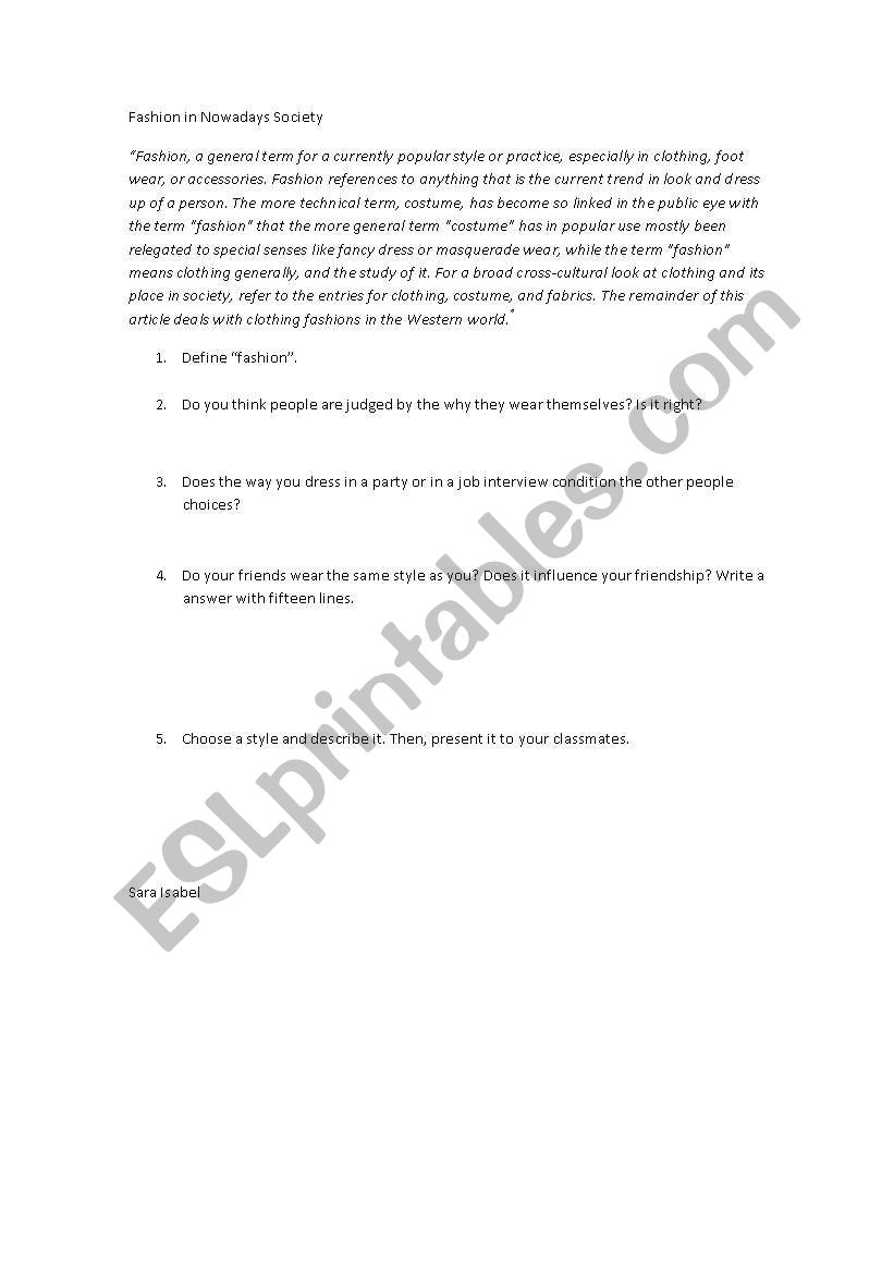 Fashion in Nowadays Society worksheet