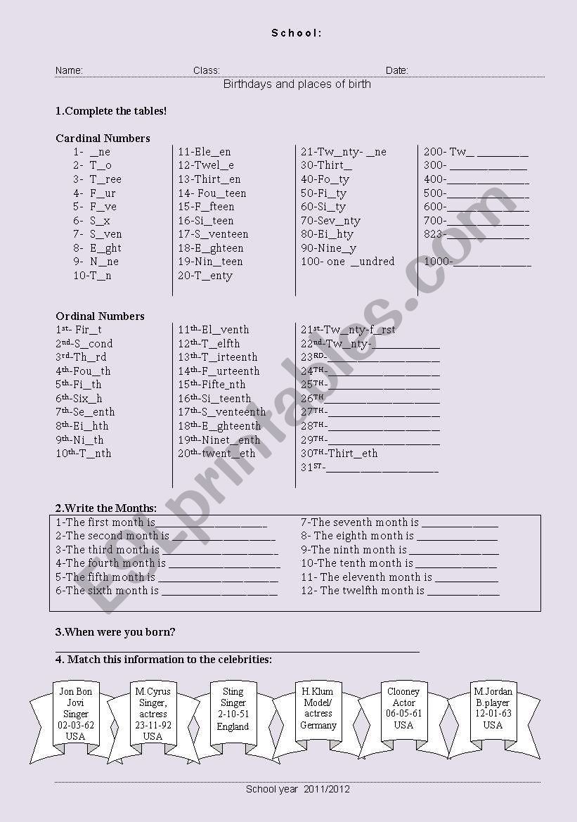Birthdays and place of birth worksheet