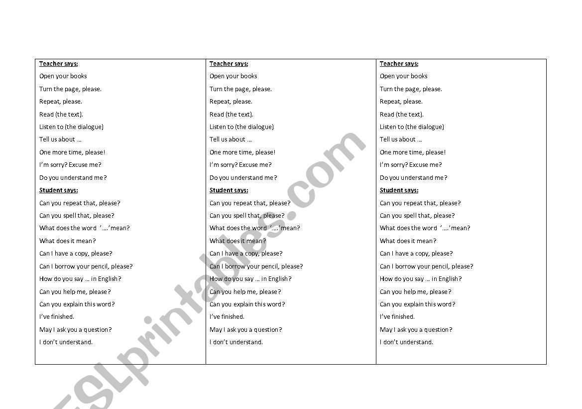 classroom language bookmarks worksheet