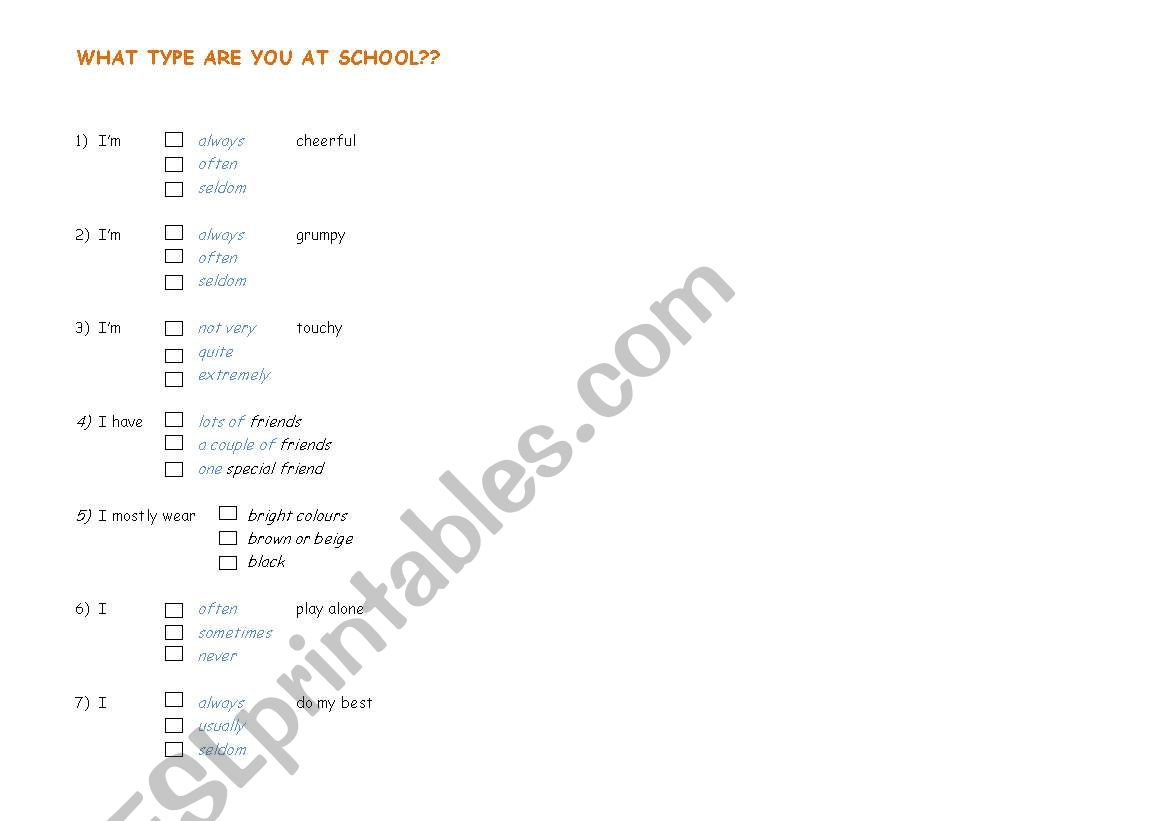 what type are you ? worksheet