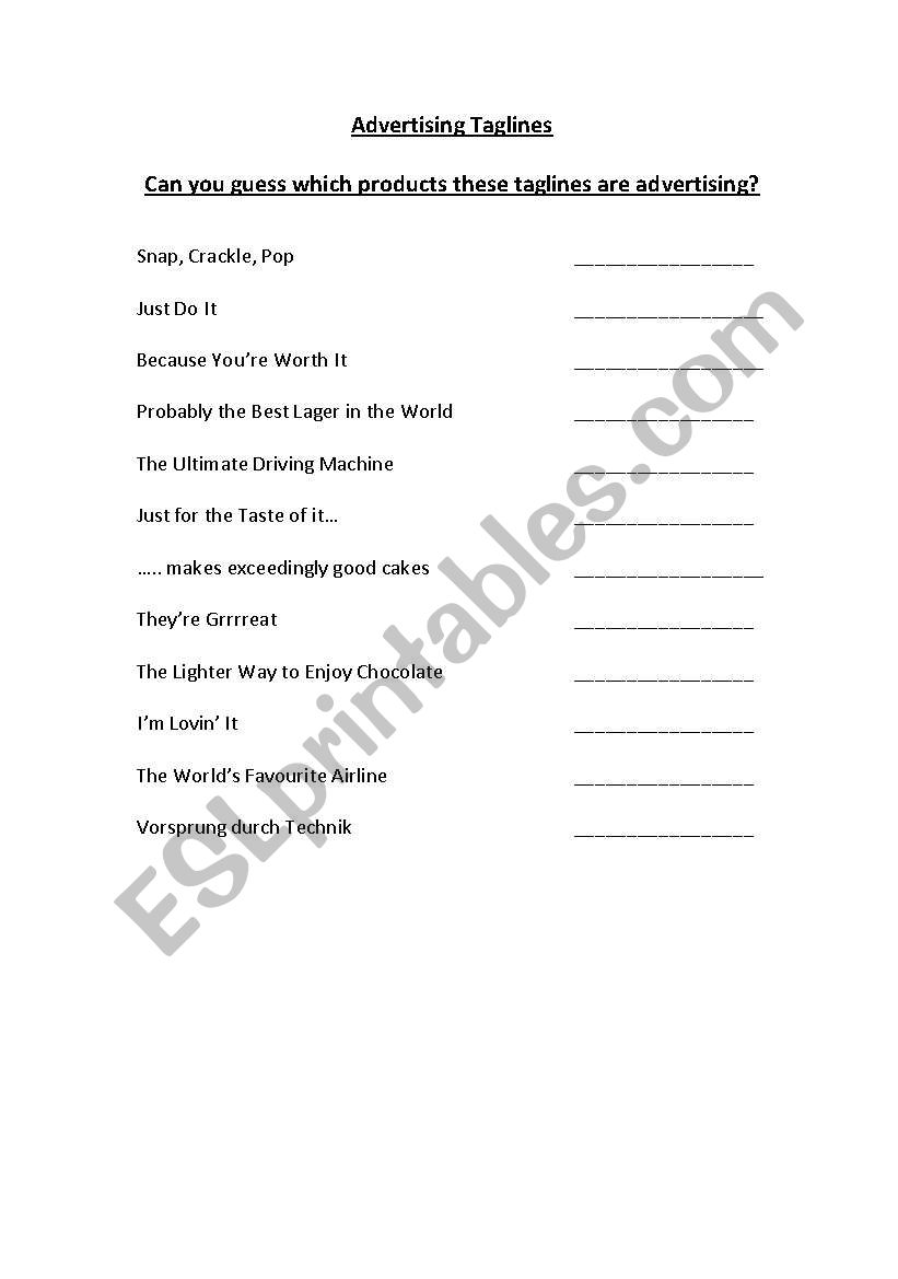 Advert Taglines / Slogans worksheet