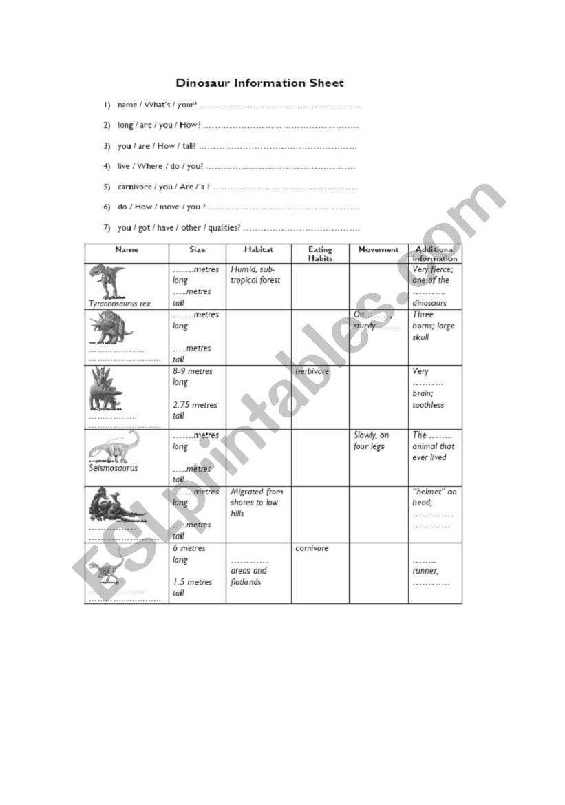 Describing dinosaurus worksheet