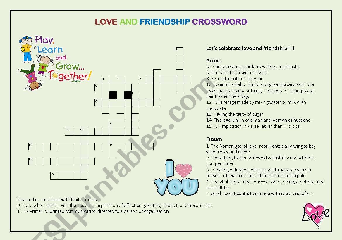 LOVE AND FRIENDSHIP CROSSWORD ESL worksheet by ppdcontact