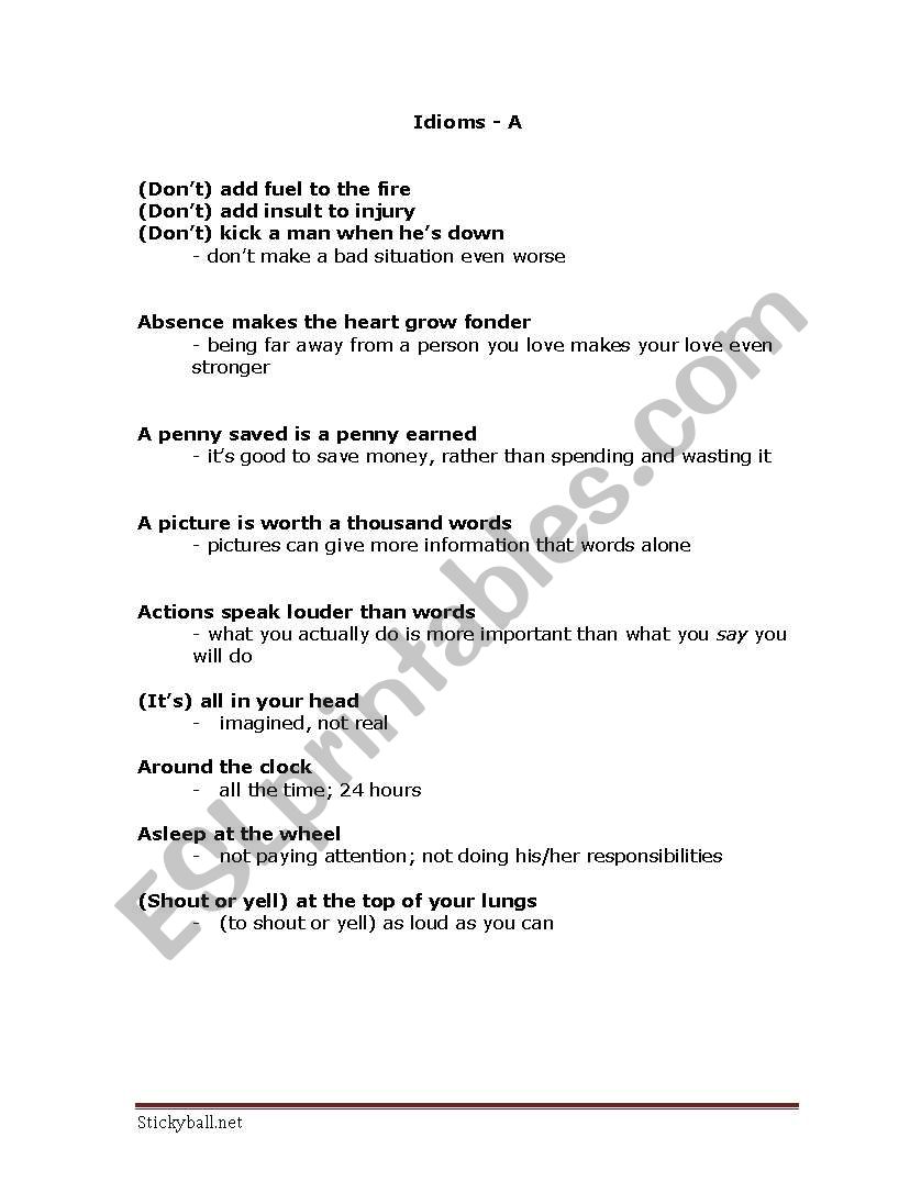 Idioms with A worksheet