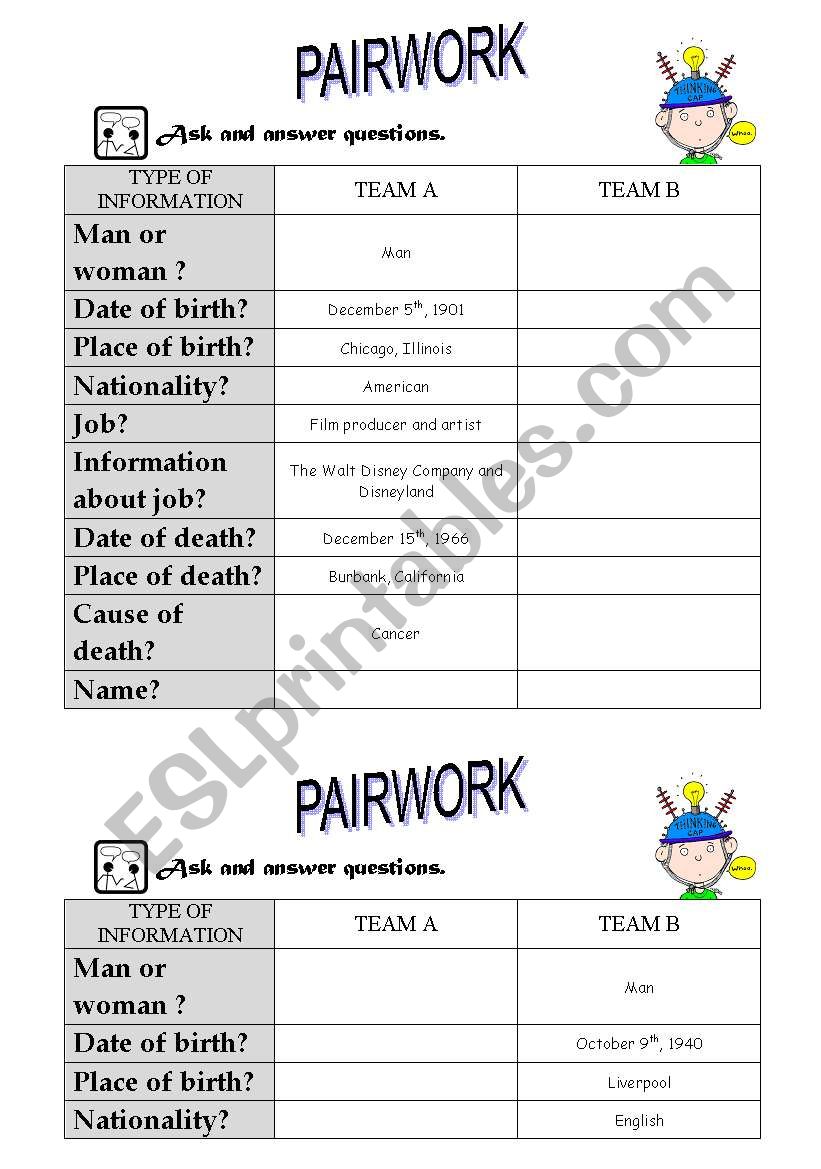 Biography pairwork worksheet