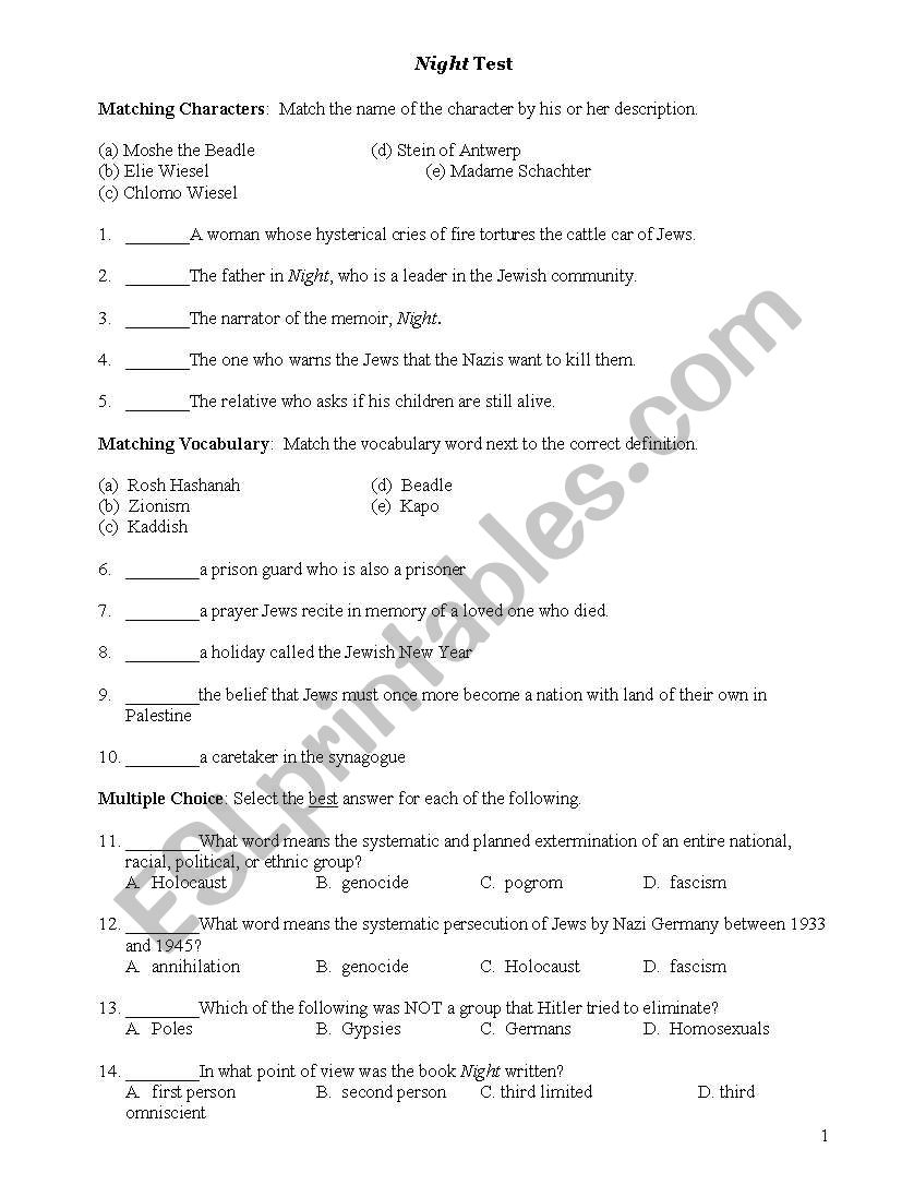 English Worksheets Night By Elie Wiesel Book Test