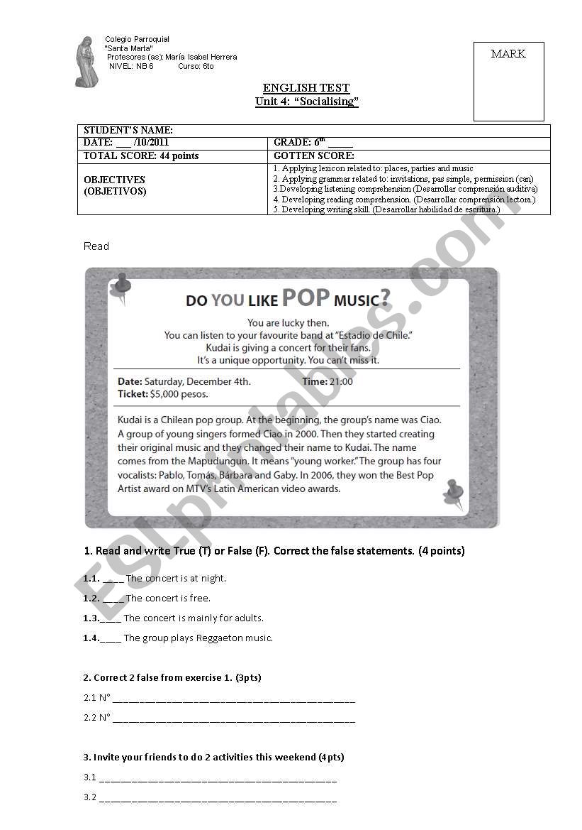 test socialising worksheet