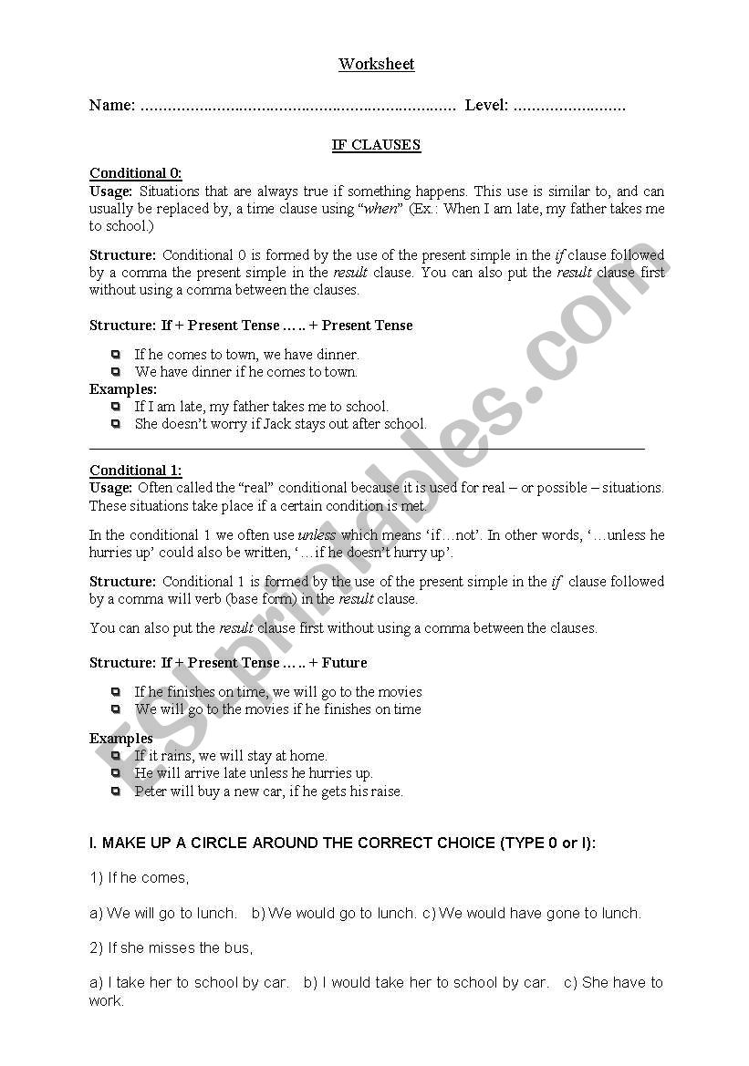 If Clauses (Type 0 and 1) worksheet