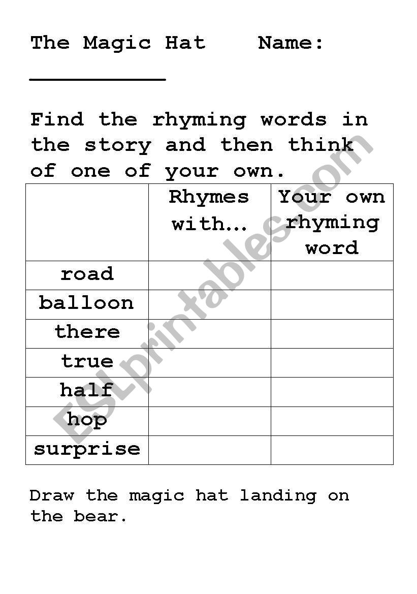 The MAgic Hat - rhyming words worksheet