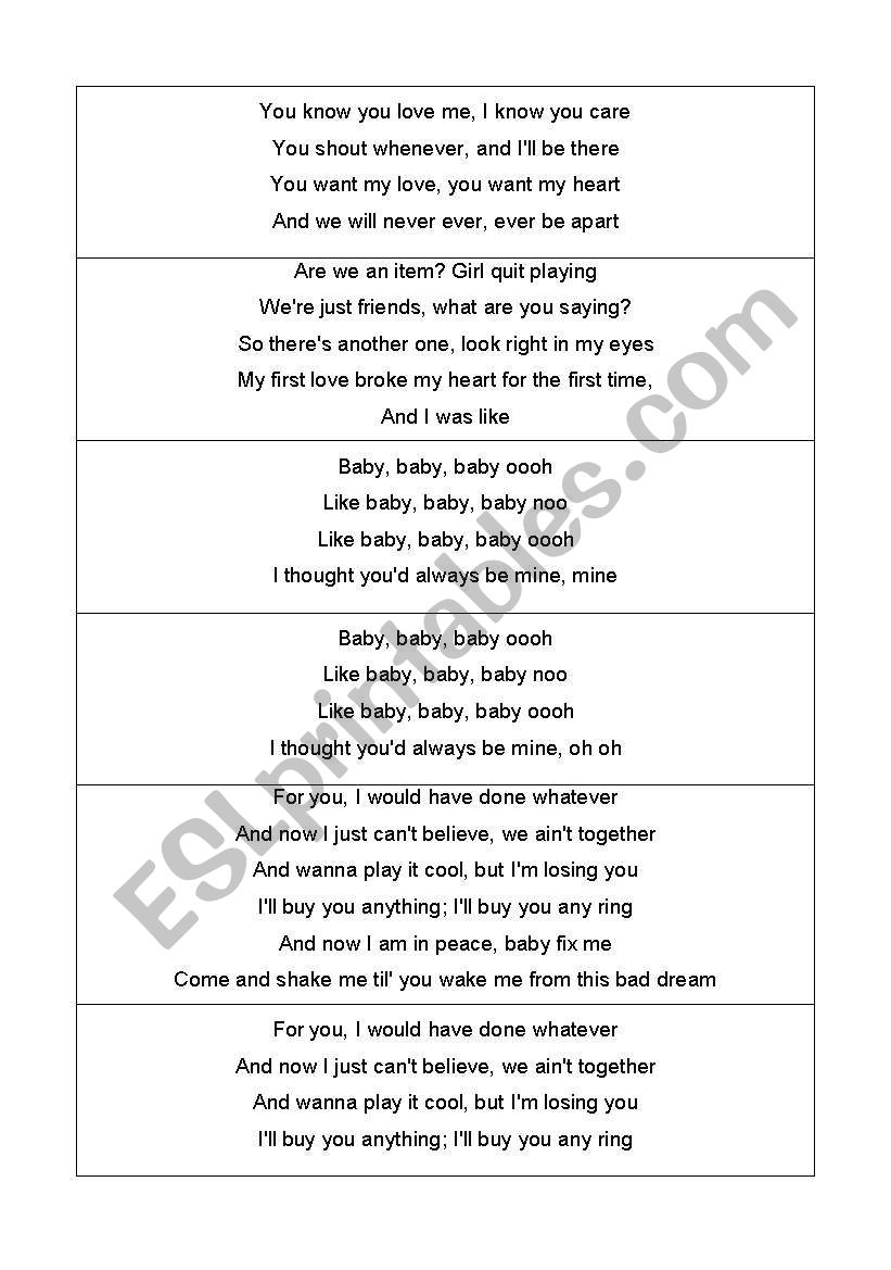 Justin Bieber - baby worksheet