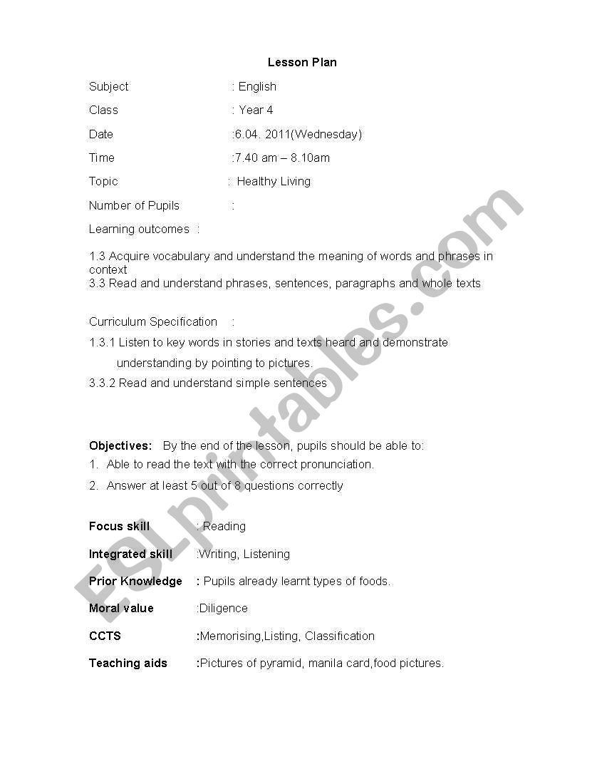 BI Year 4 Lesson Plan worksheet