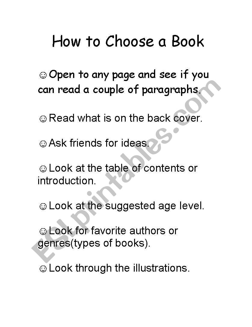 Choosing a Just Right Book worksheet