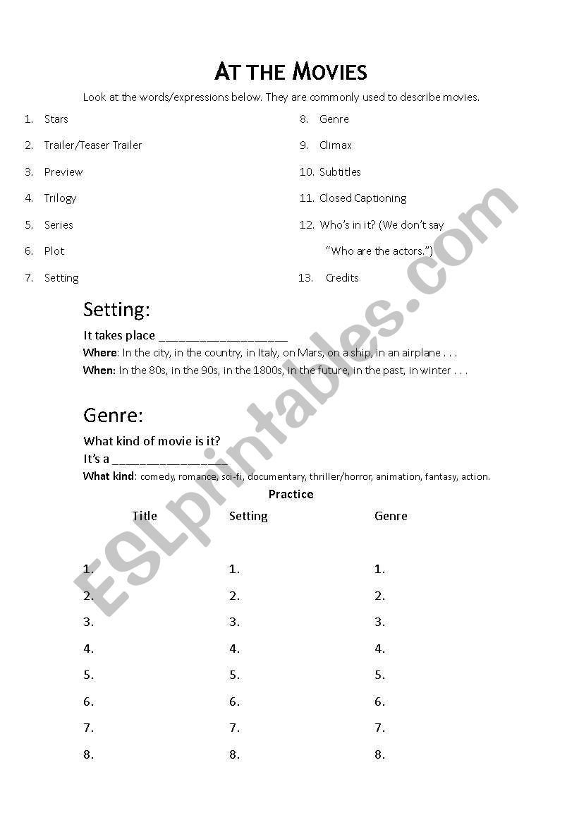 At The Movies worksheet