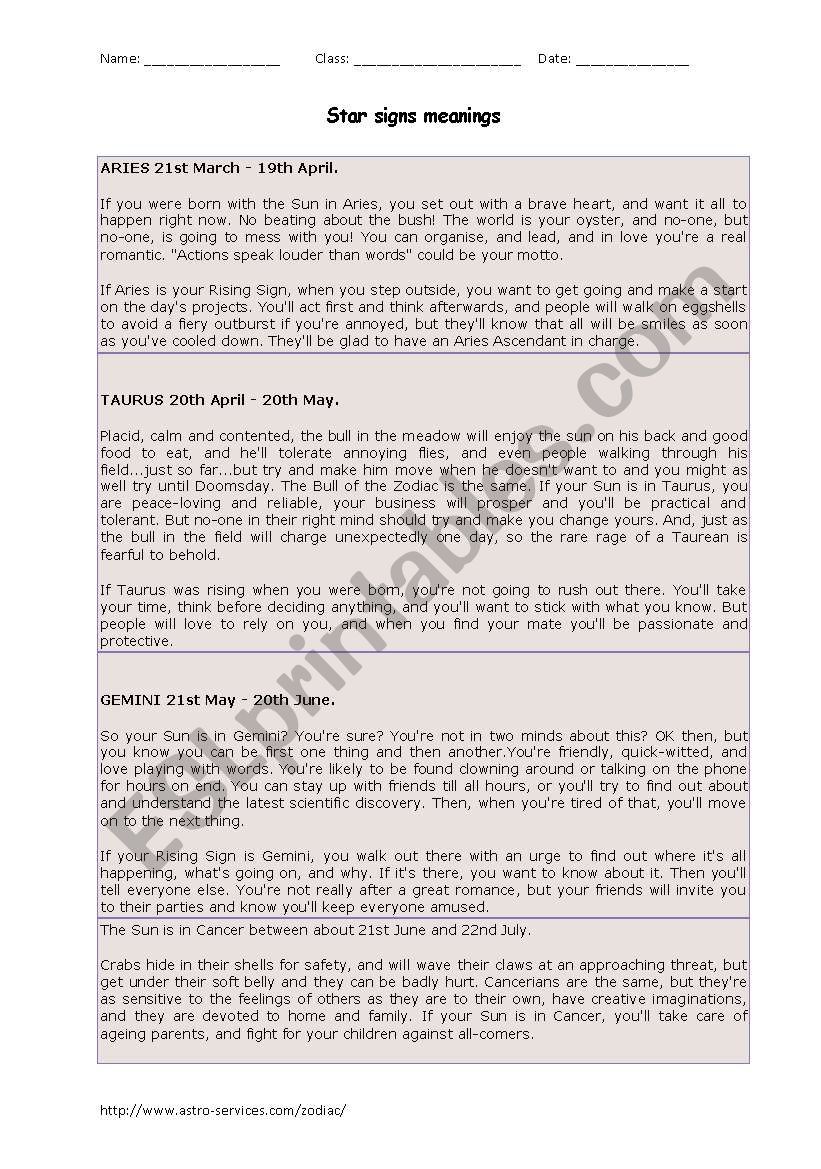 horoscope worksheet