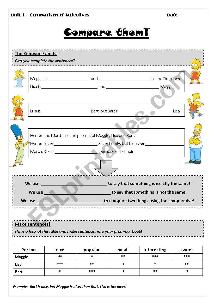 Comparison of the Simpsons worksheet