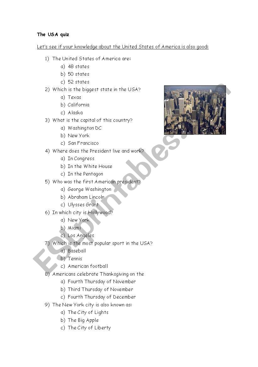 quiz about USA worksheet