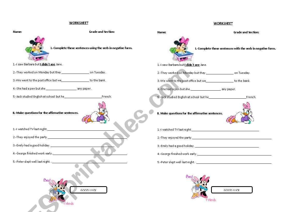 NEGATIVE AND INTERROGATIVE FORM OF SIMPLE PAST