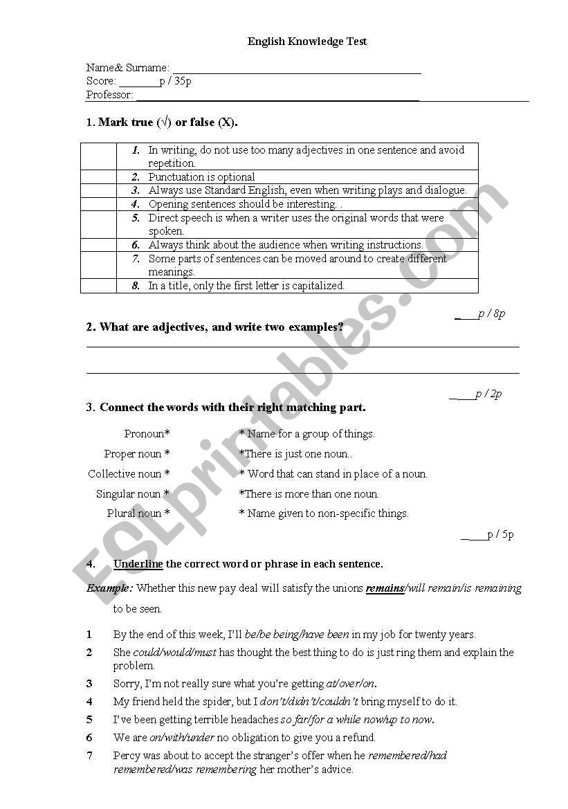 English Knowledge Test worksheet