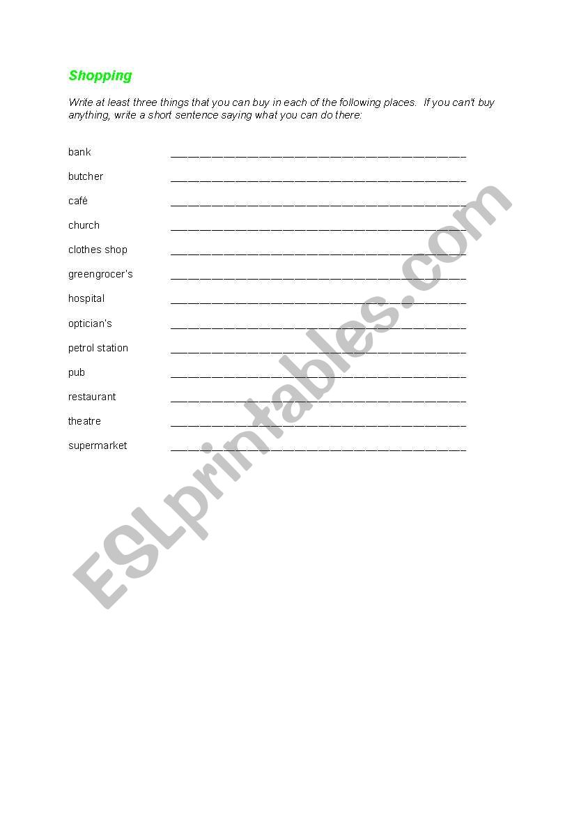 Shopping worksheet