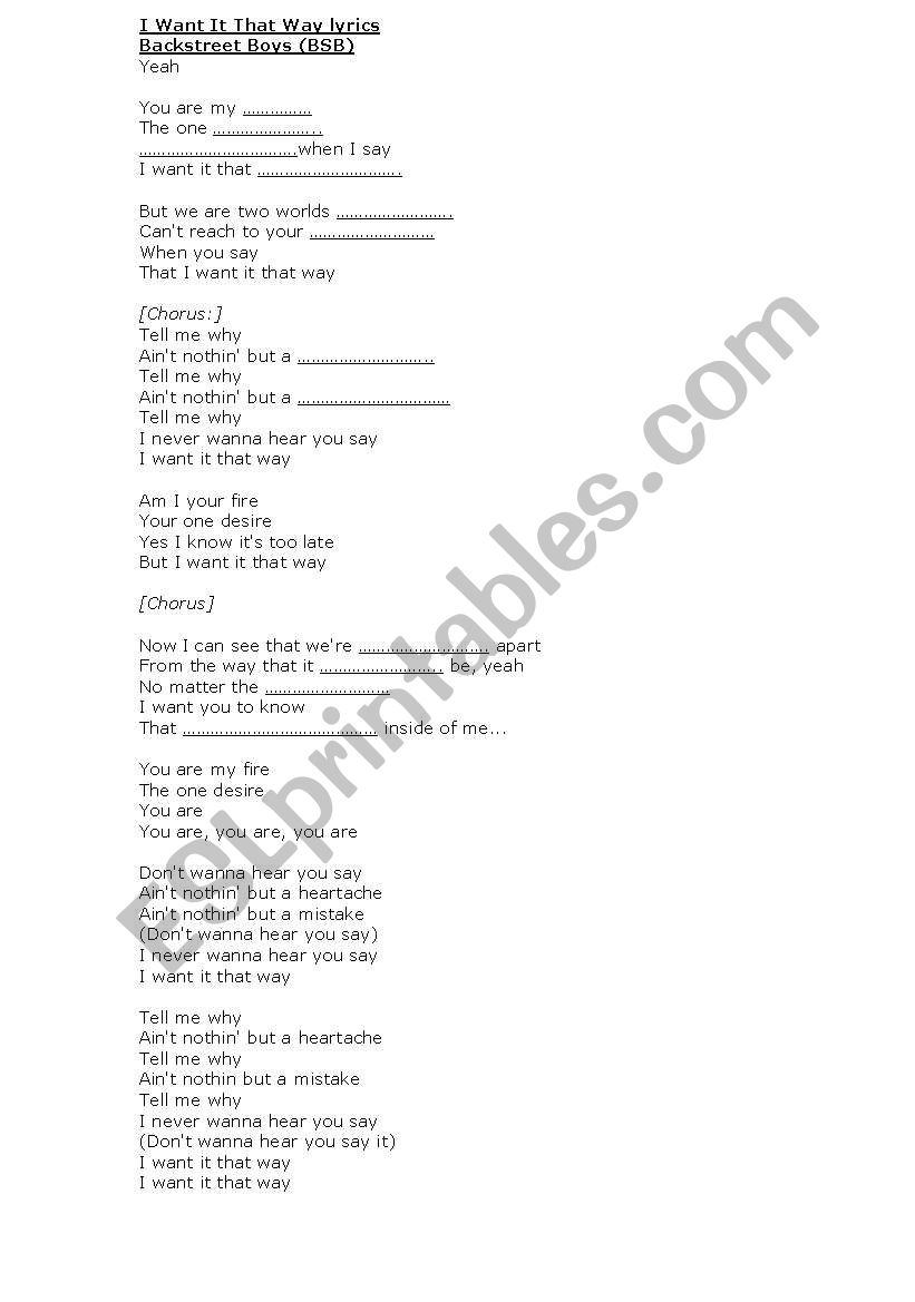 english worksheets i want it that way lyrics