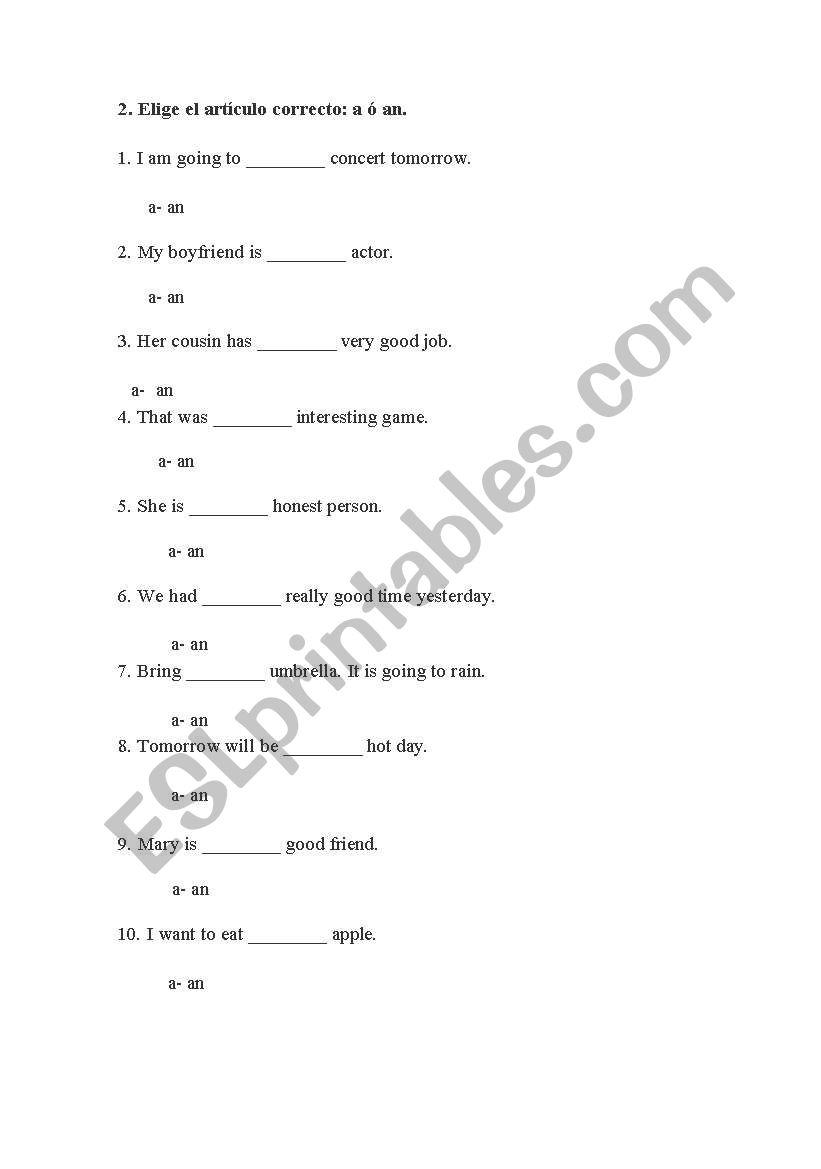 Article a/ an worksheet