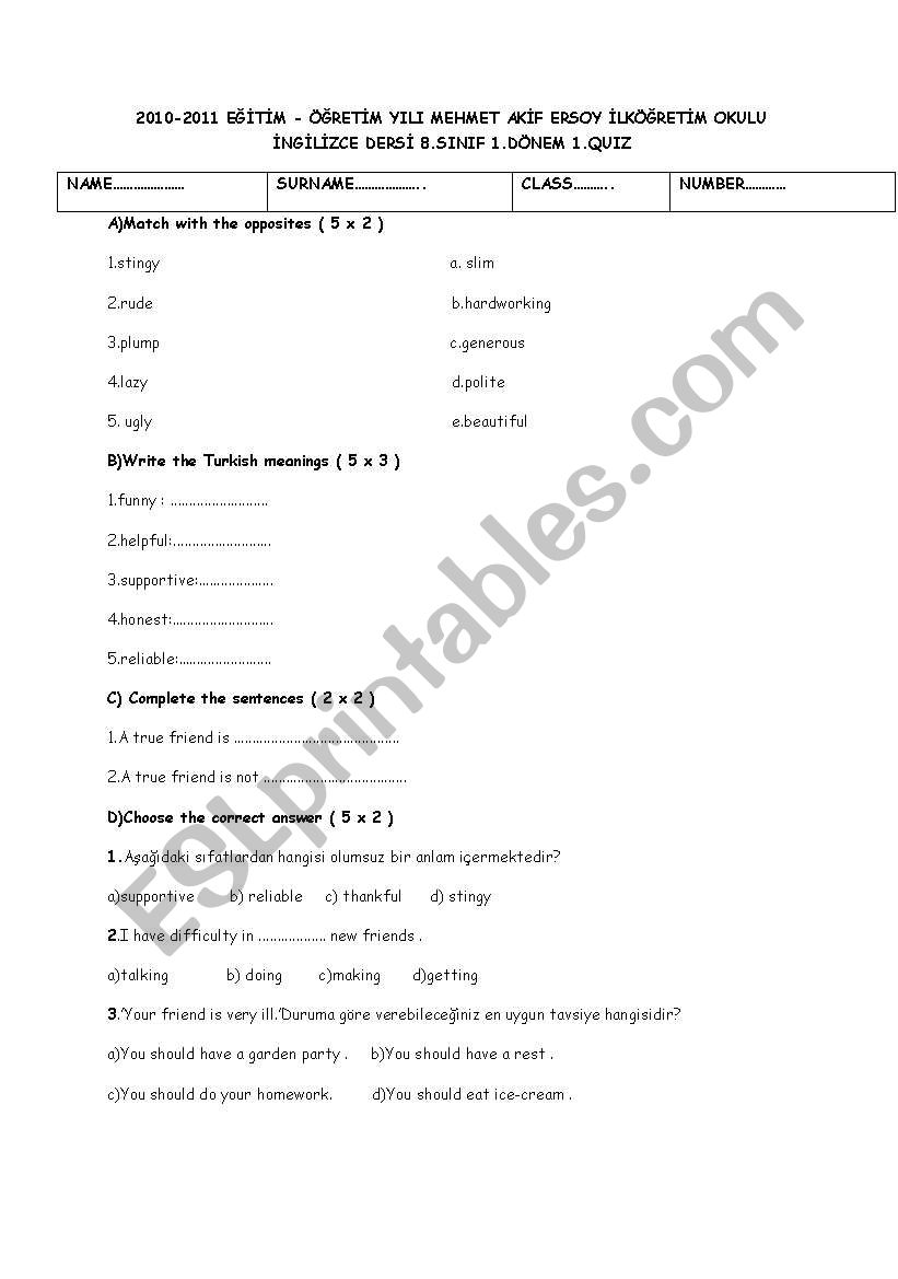 quiz  worksheet