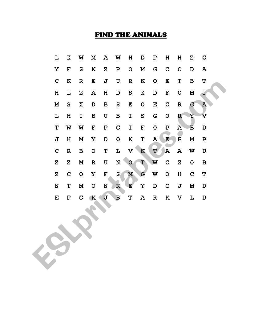 word maze - find the animals worksheet