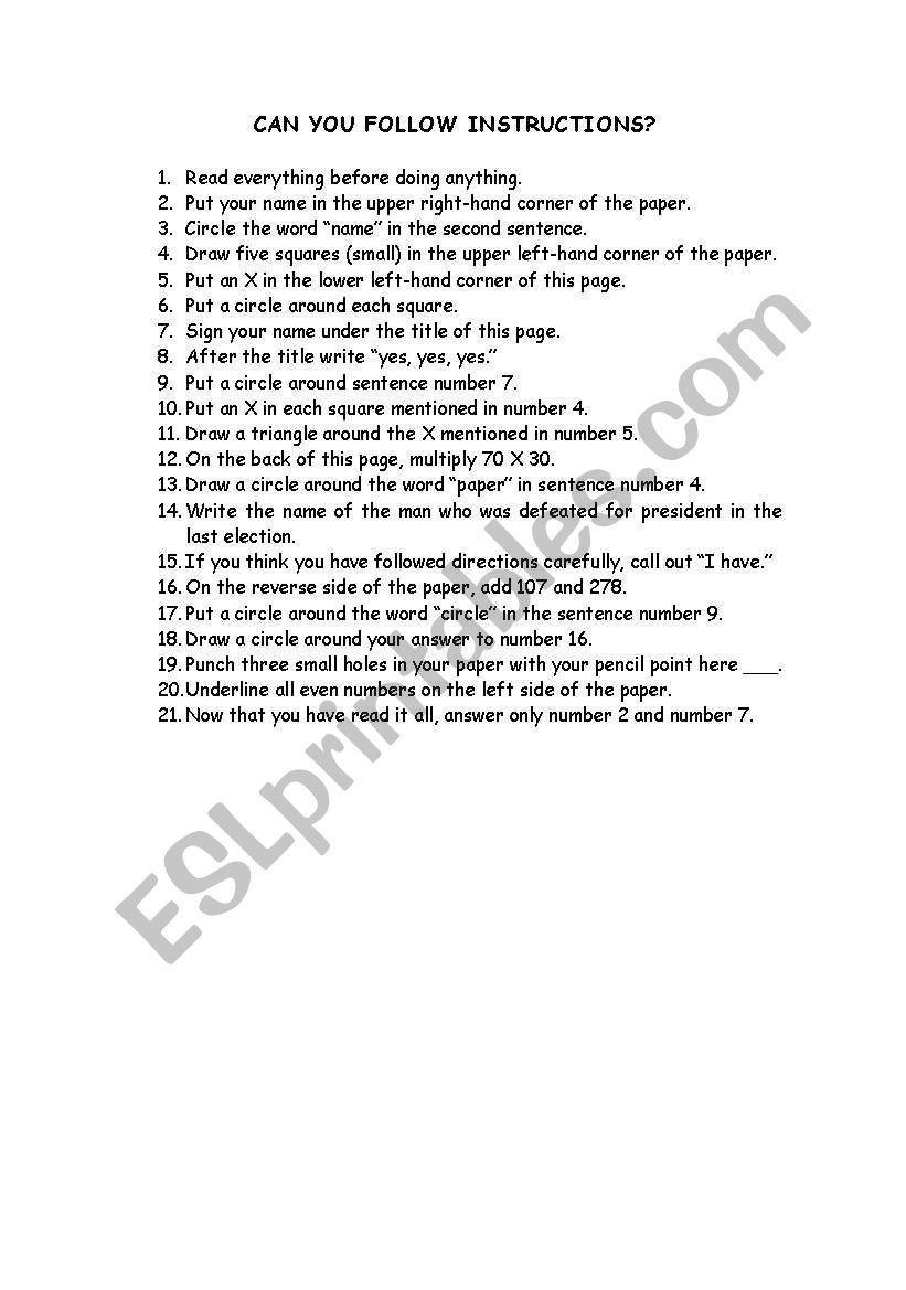 English Worksheets Can You Follow Instructions 