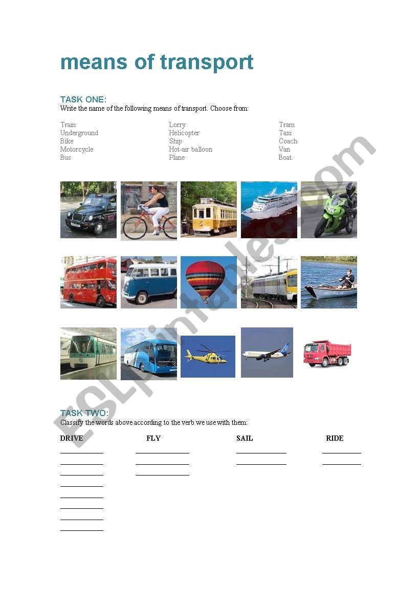 Means of transport worksheet