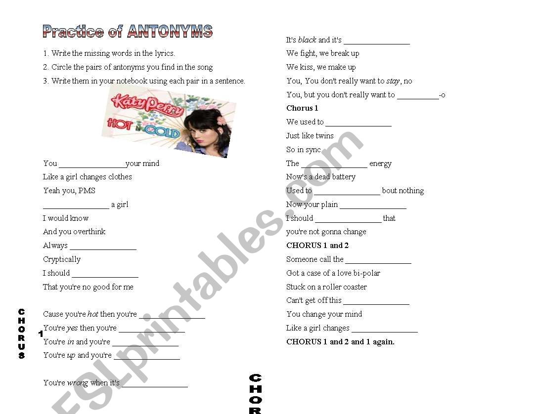 Katy Perry Hot and Cold Worksheet Antonyms