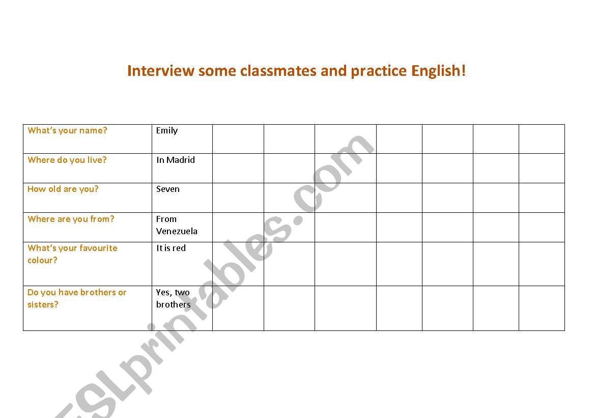 Interview your classmates, chart