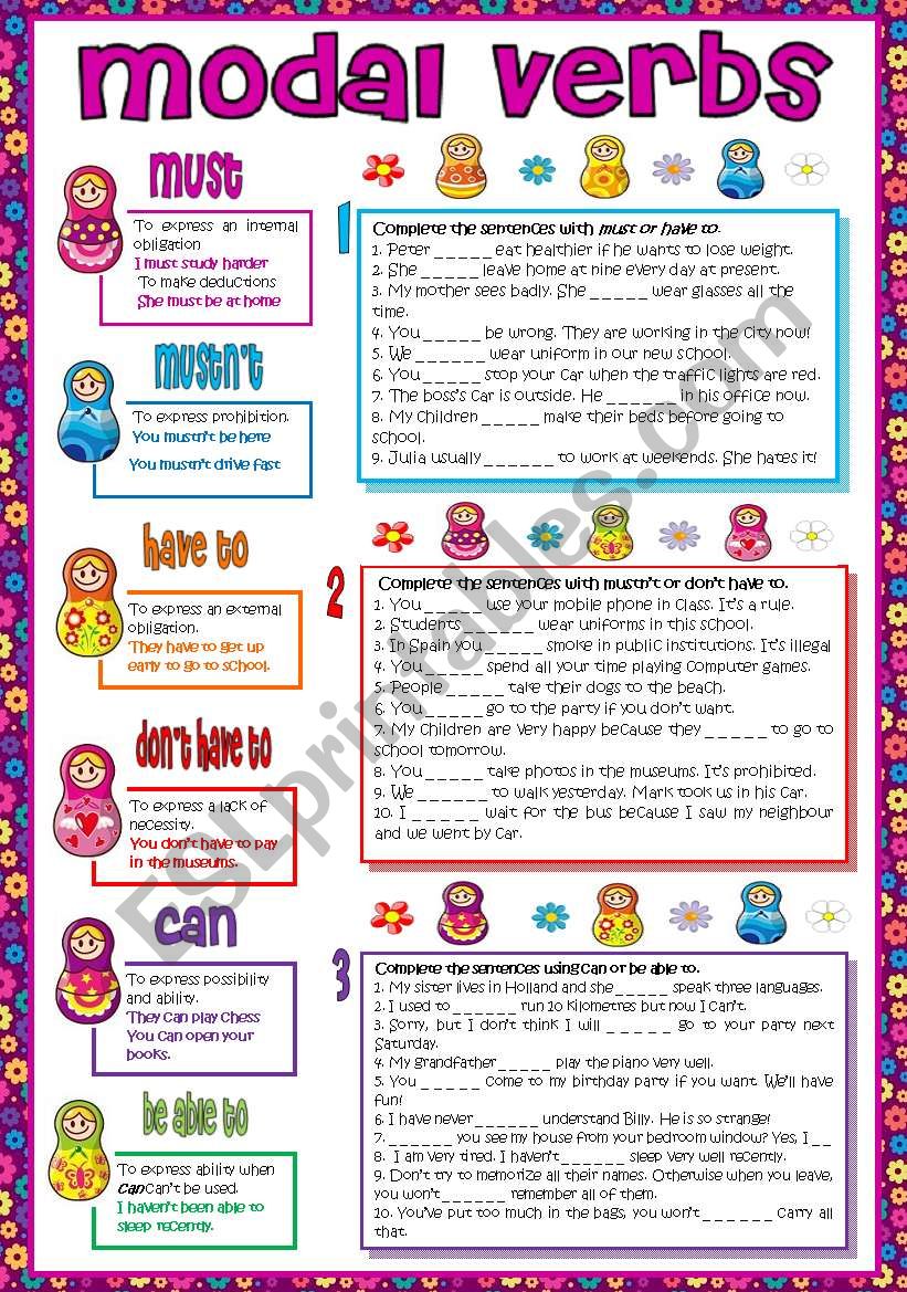 Modal Verbs Must Mustn T Have To Don T Have To Can Be Able To Esl Worksheet By Esther1976
