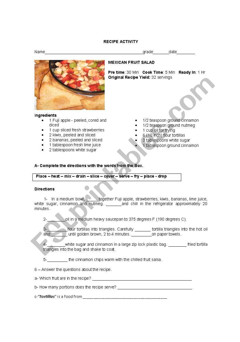 RECIPE ACTIVITY worksheet