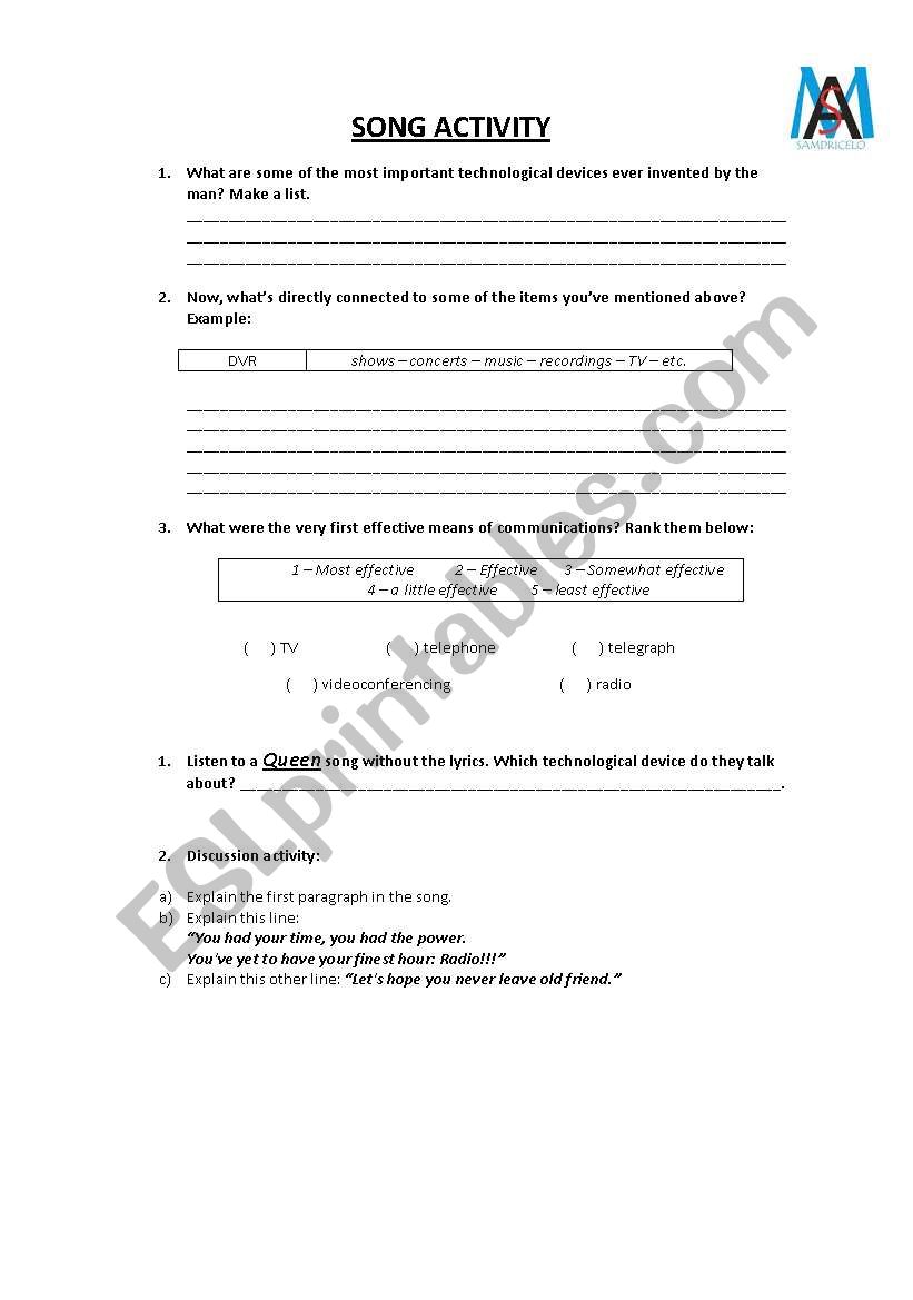 Queen Song - Radio Ga Ga worksheet