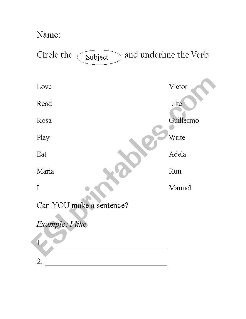 Subject and Verb recognition  worksheet