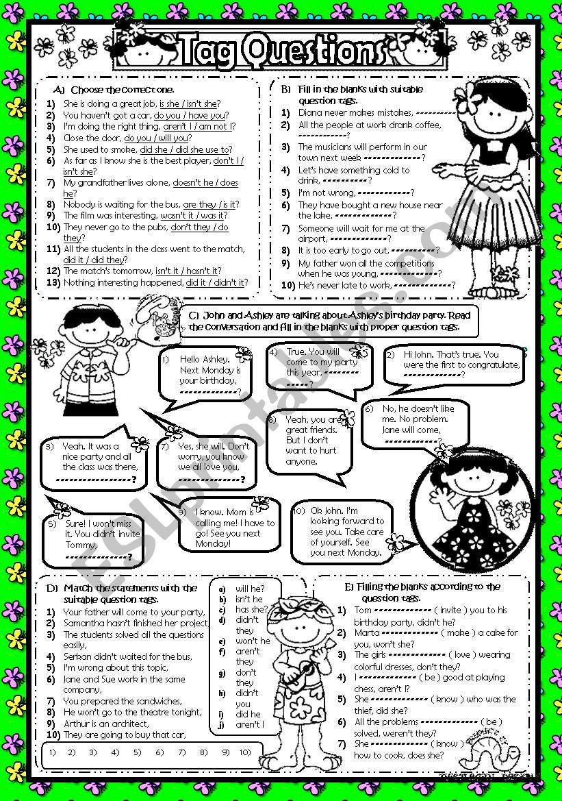 tag questions b w included esl worksheet by lady gargara