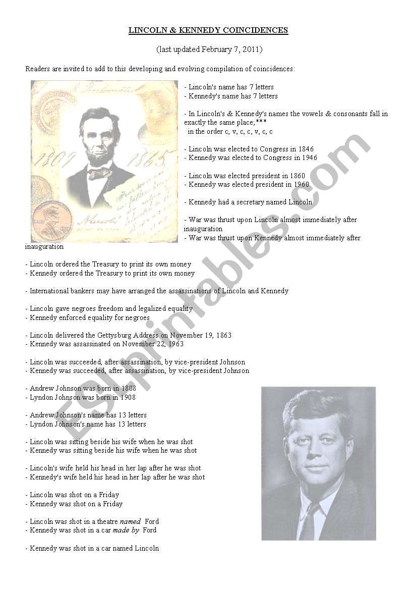 Lincoln and Kennedy Coincidences (Simple past Practice)