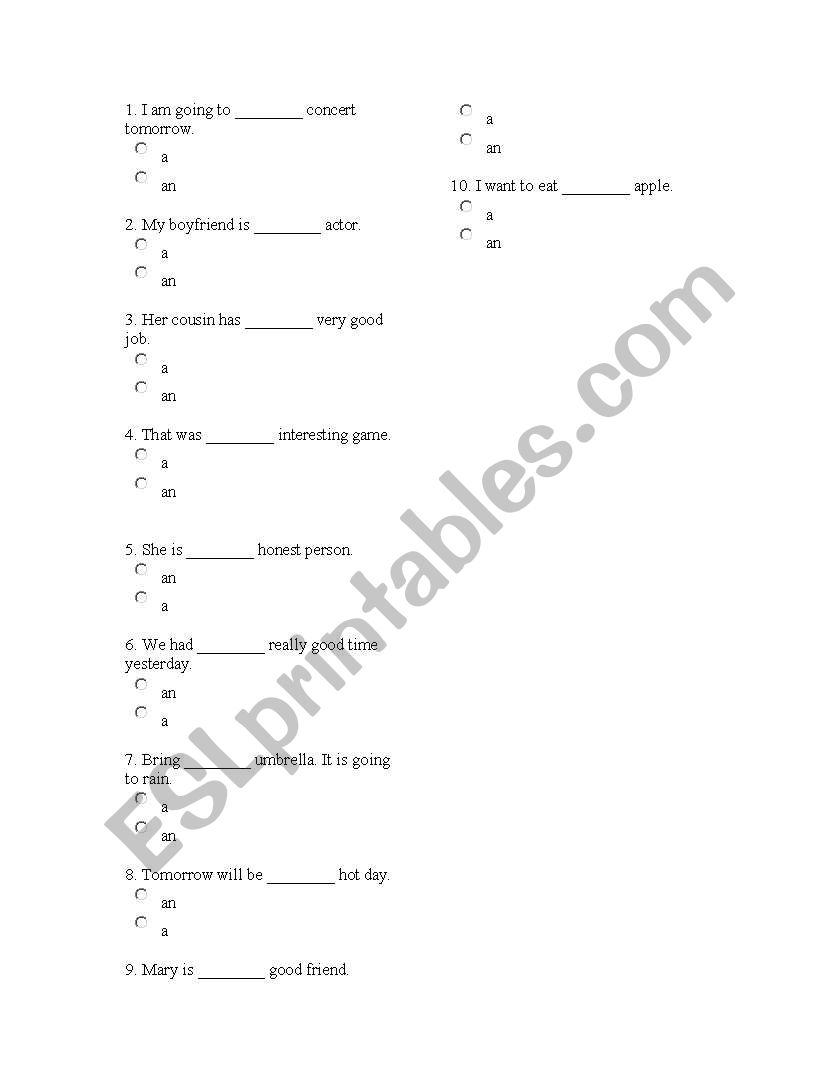 article a/an worksheet