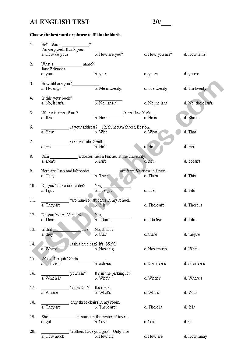 Elementary Test worksheet