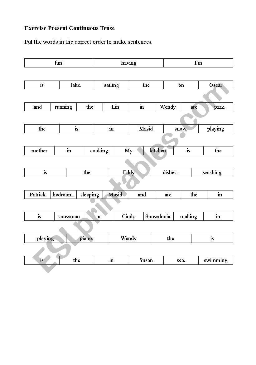 Present Contonuous sentences worksheet