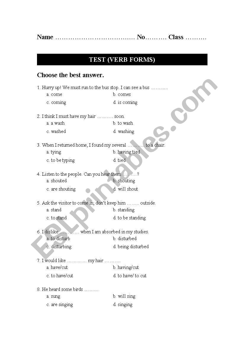 verb form test worksheet