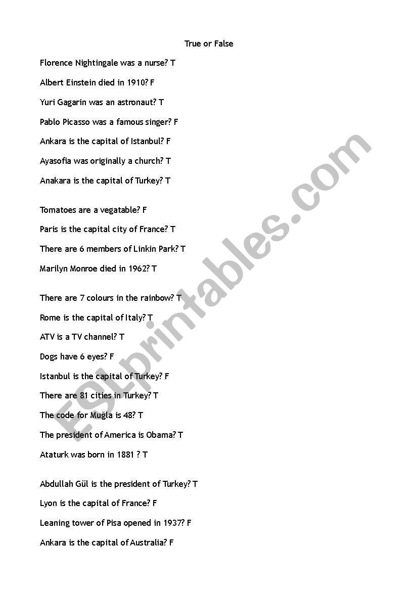 true or false worksheet