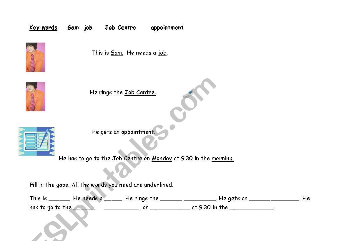 Sam looks for a job. worksheet