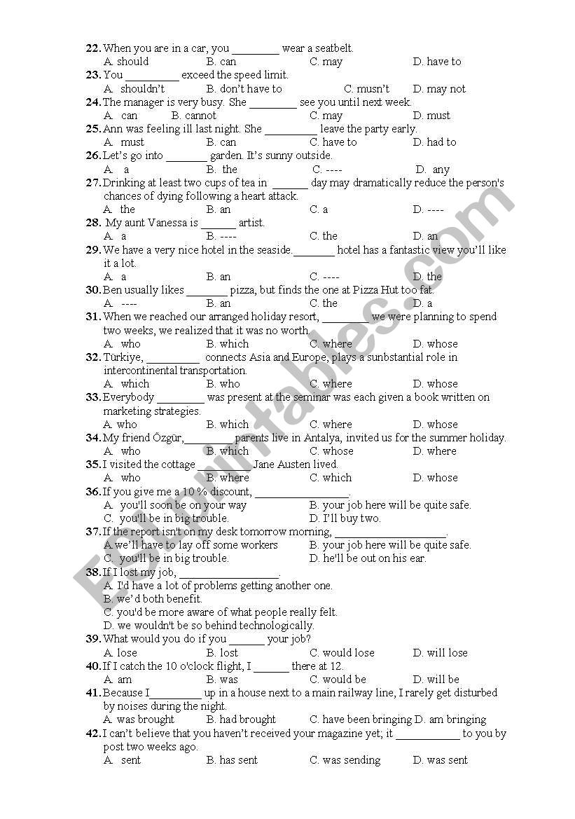 ESL Placement Test (A1-A2) ESL Worksheet By Serzt, 59% OFF