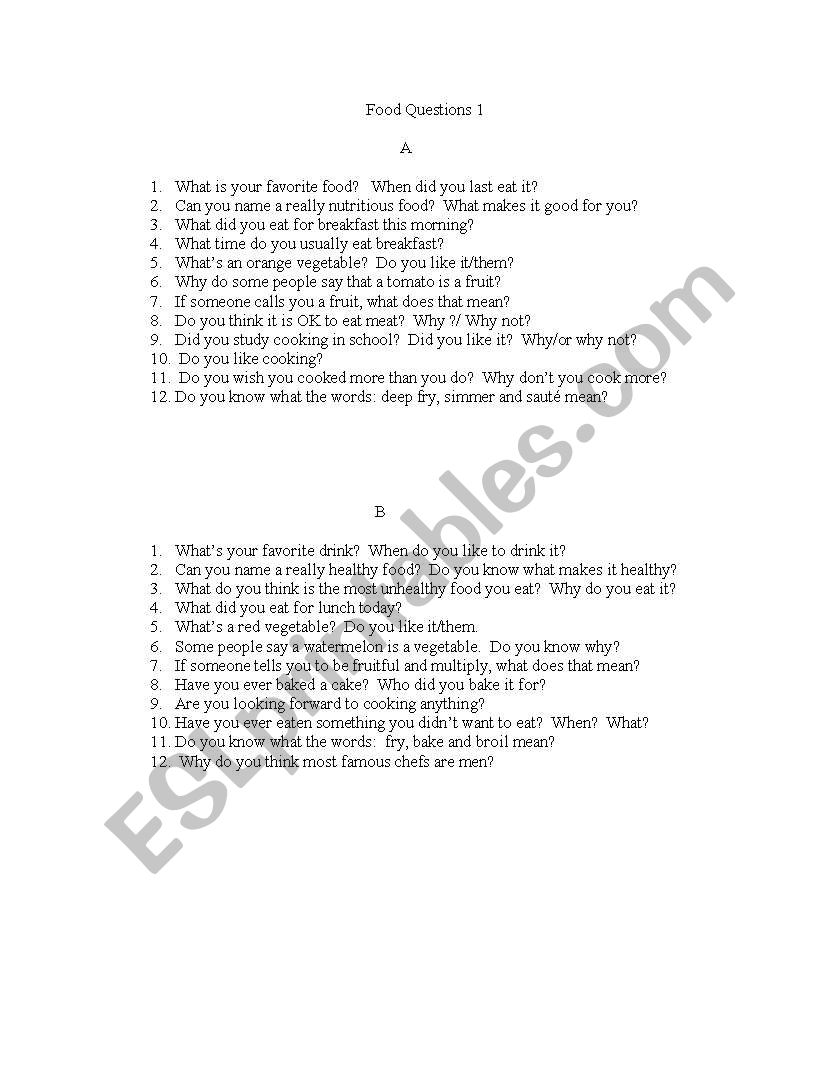 food questions worksheet