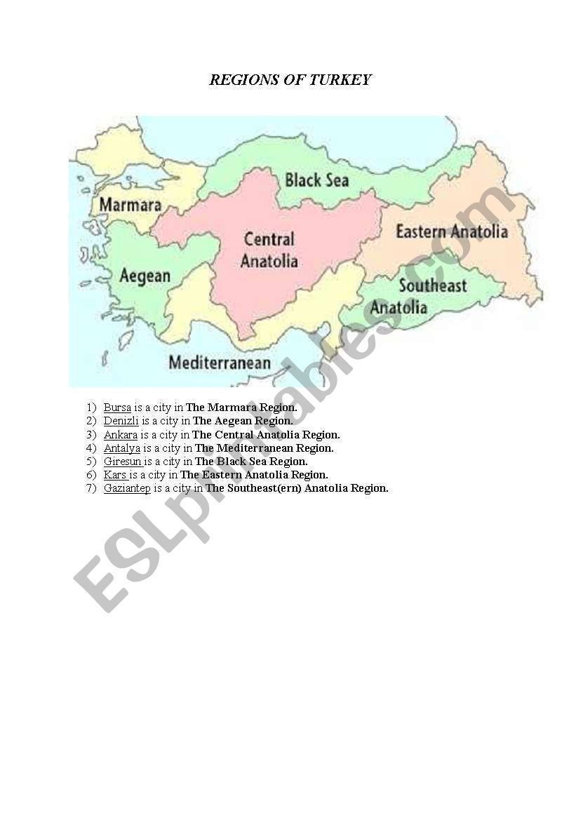 regions of Turkey worksheet
