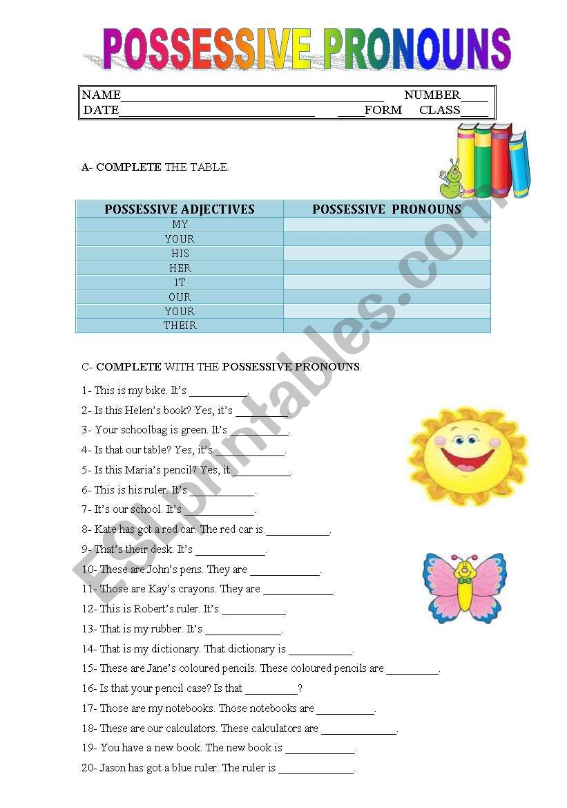 POSSESSIVE PRONOUNS ESL Worksheet By Sandytita