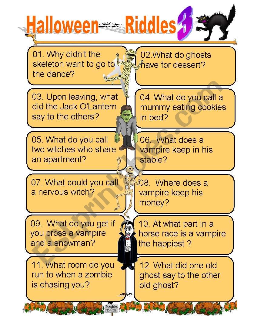 Twelve Funny Halloween riddles Part 3 for kids of all ages - ESL ...