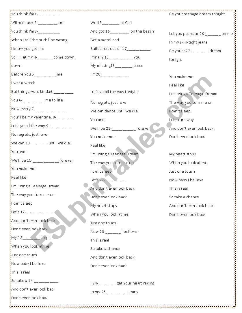 Teenage dream Song worksheet