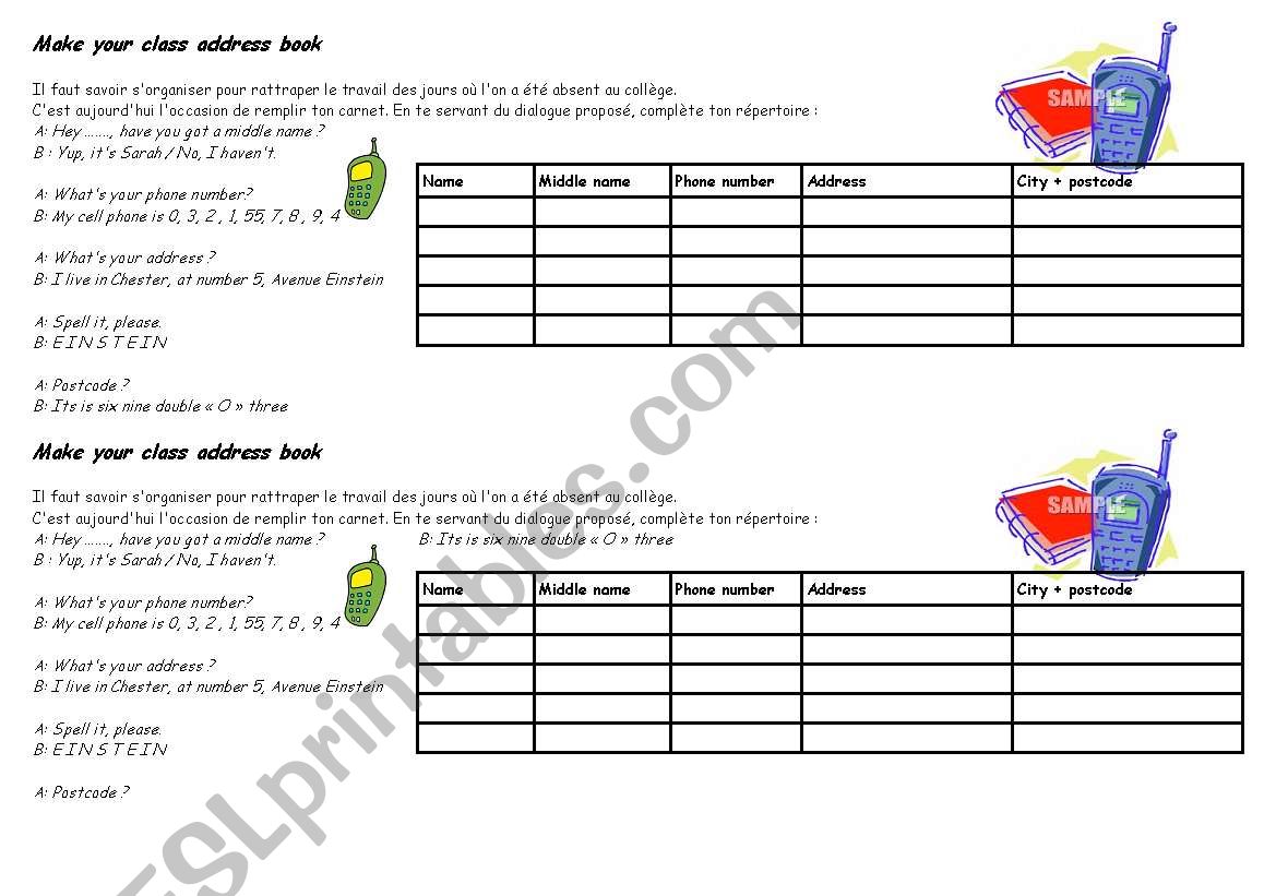 Pair work address worksheet